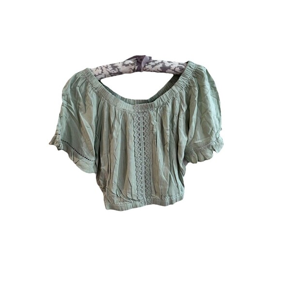 Sage Green Boho Crop Top Lace-Trim Front Elastic Neck & Sleeve Large NEW - Picture 1 of 6